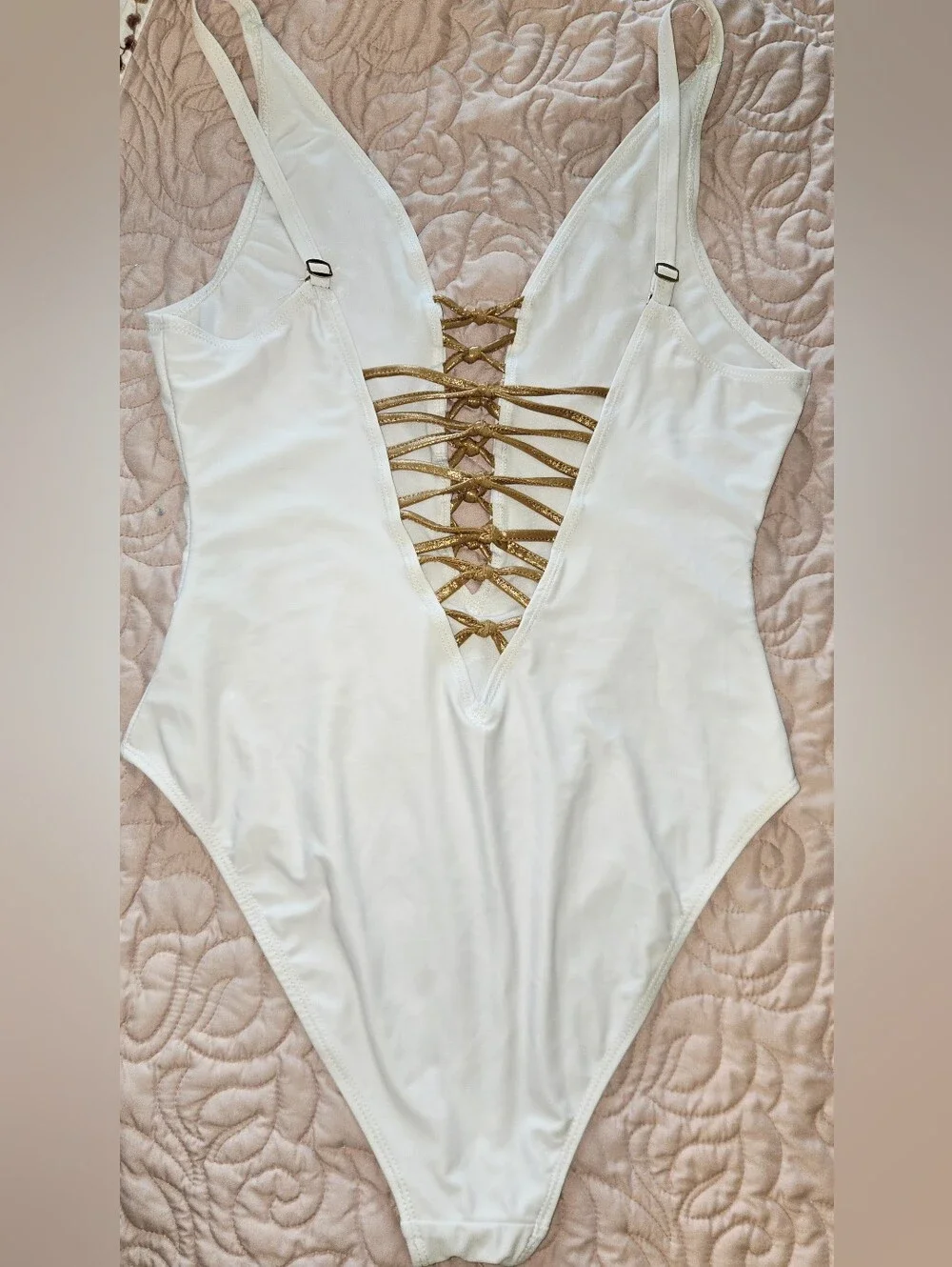 White Plunge One-Piece Swimsuit with Golden Lace-Up